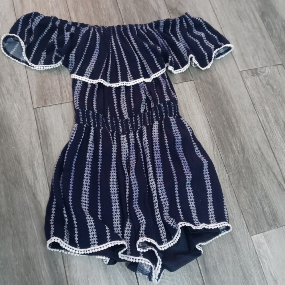 Lulus Navy Blue Off the shoulder Aztec striped Romper w Ruffles & Pompom trim